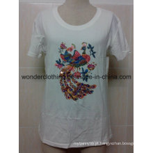 Garota atacado algodão bordado personalizado em torno do pescoço moda t-shirt